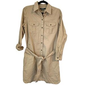 Lauren Ralph Lauren Sz S Shirt Dress Khaki Twill Long Sleeve‎ Belted Y2k 00’s